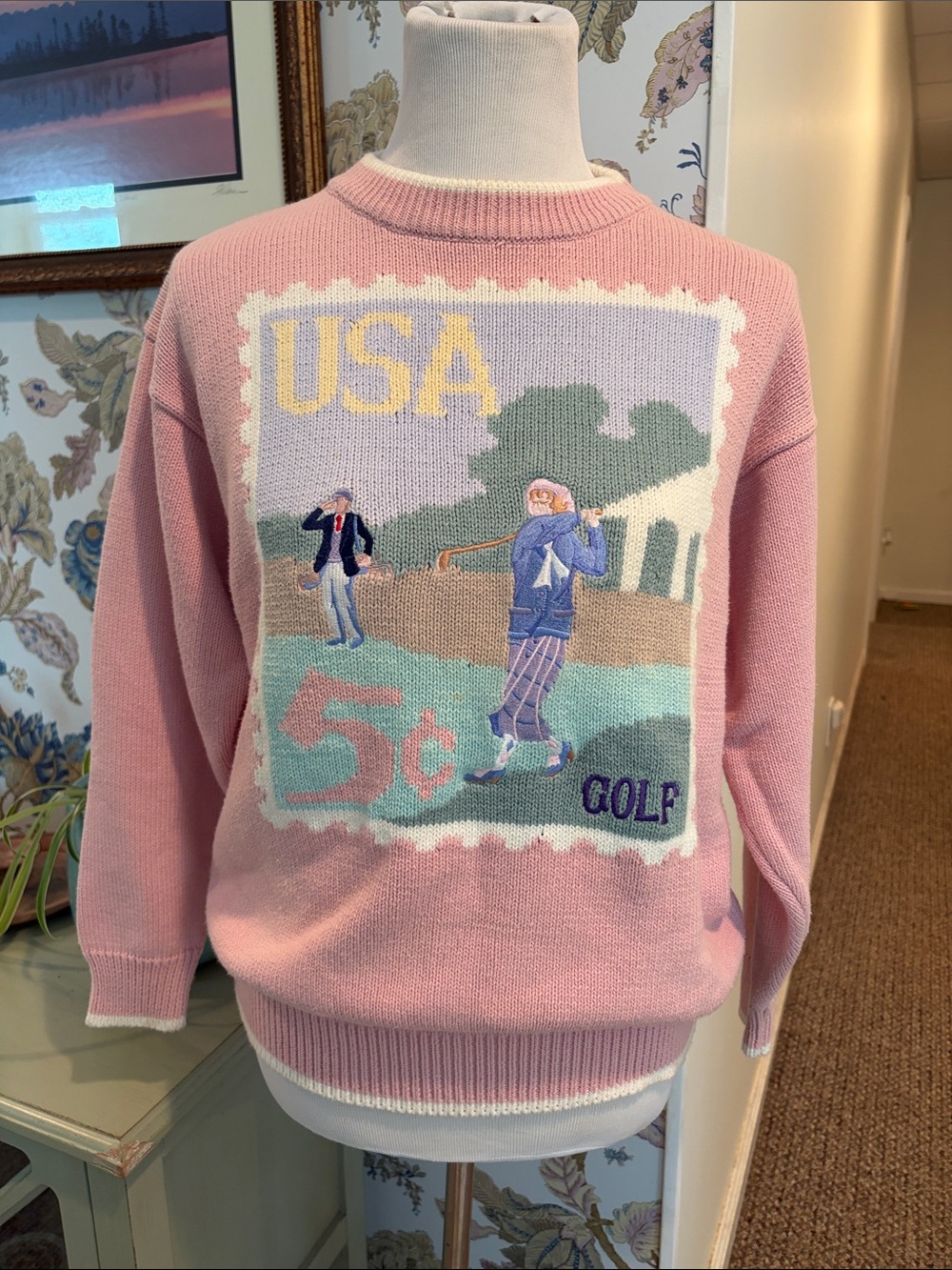 Vintage 1990’s Pink Cotton Golf Crewneck Sweater with Postage Stamp Design
